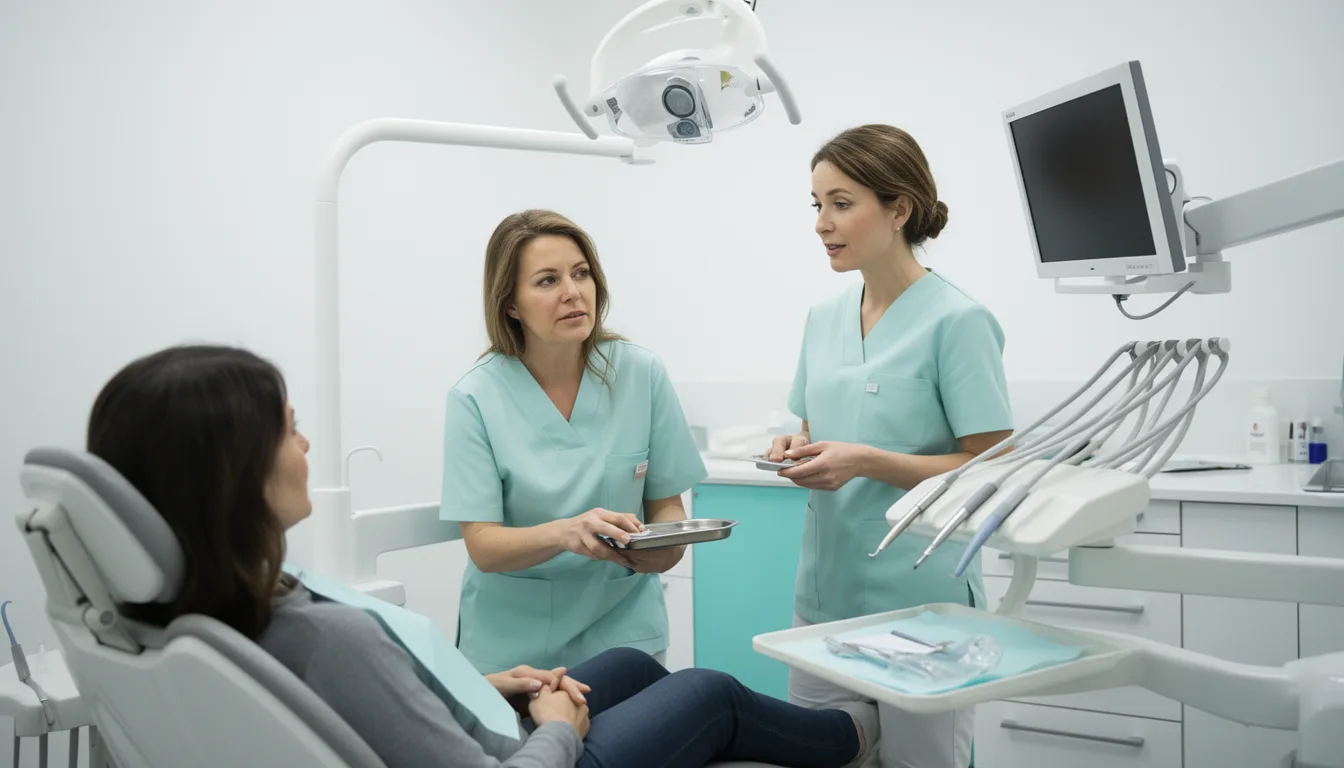 Auxiliares de una clínica dental atendiendo a una paciente